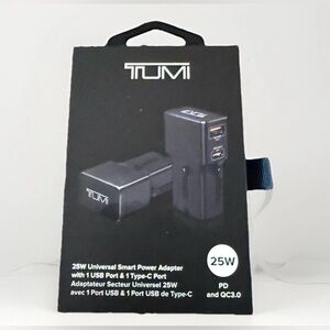 TUMI 25W Universal Smart Power Adapter USB-C USB-A PD QC3.0 Travel Charger